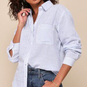 Lulus Breezy Essence White And Blue Striped Cotton Button-up Top - Size XS